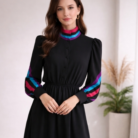 Benee | Vintage Black Semi-Sheer Midi Dress | Red & Turquoise Accent Collar - Picture 2 of 12